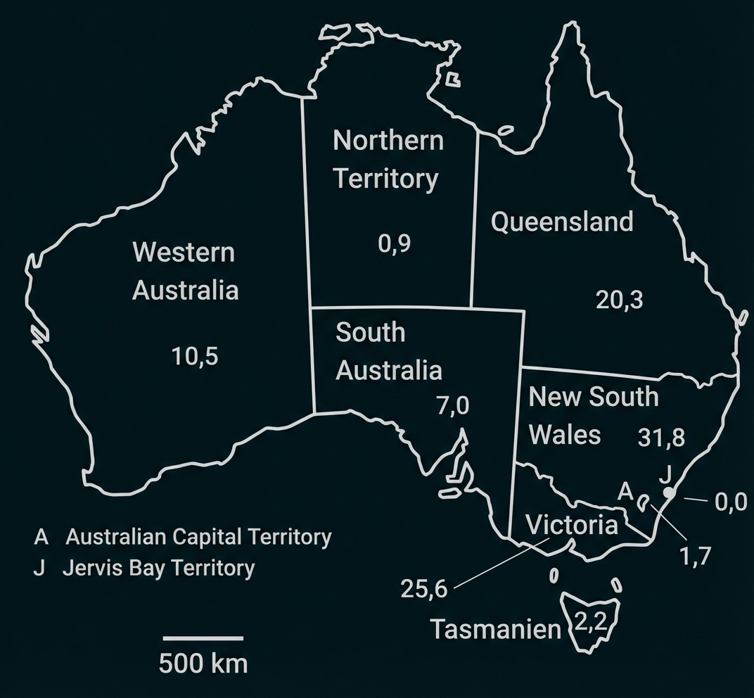 Umrisskarte Australiens mit Bundesstaaten, Beschriftungen und Zahlenangaben, Tasmanien und Maßstabsbalken.
